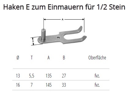 Technische Daten Haken E zum Einmauern f&uuml;r 1/2 Stein