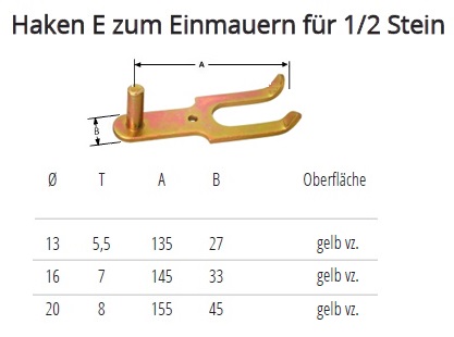 Technische Daten Haken E zum Einmauern f&uuml;r 1/2 Stein