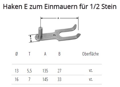 Technische Daten Haken E zum Einmauern f&uuml;r 1/2 Stein
