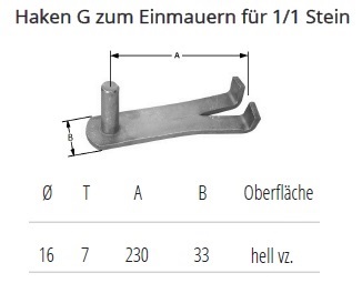 Technische Daten Haken G zum Einmauern