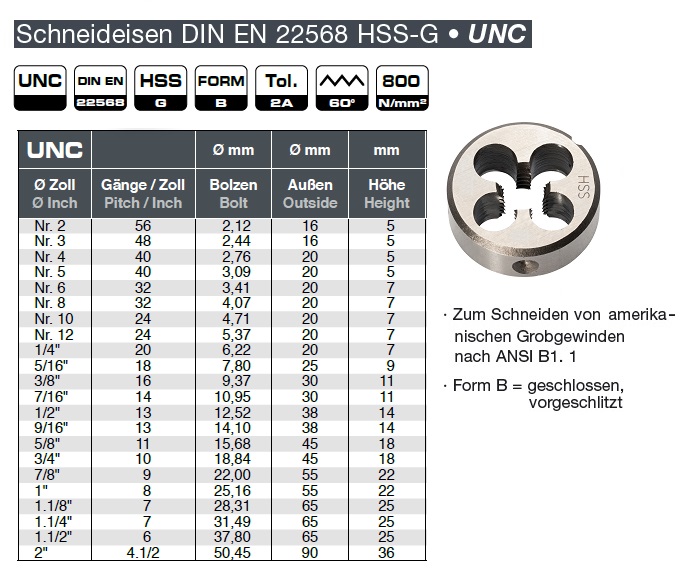 NEU Schneideisen UNC 3/4 Zoll amerikanisches Grobgewinde HSS Qualität 