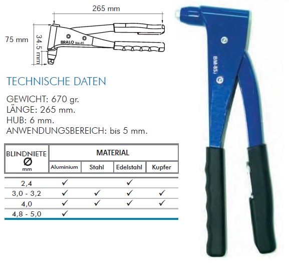 Beschreibung und Technische Daten Blindniethandzange BM 85