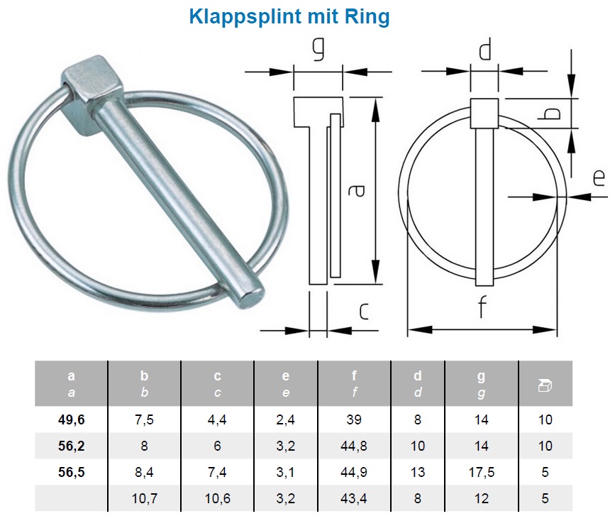 Maße für Klappsplint mit Ring