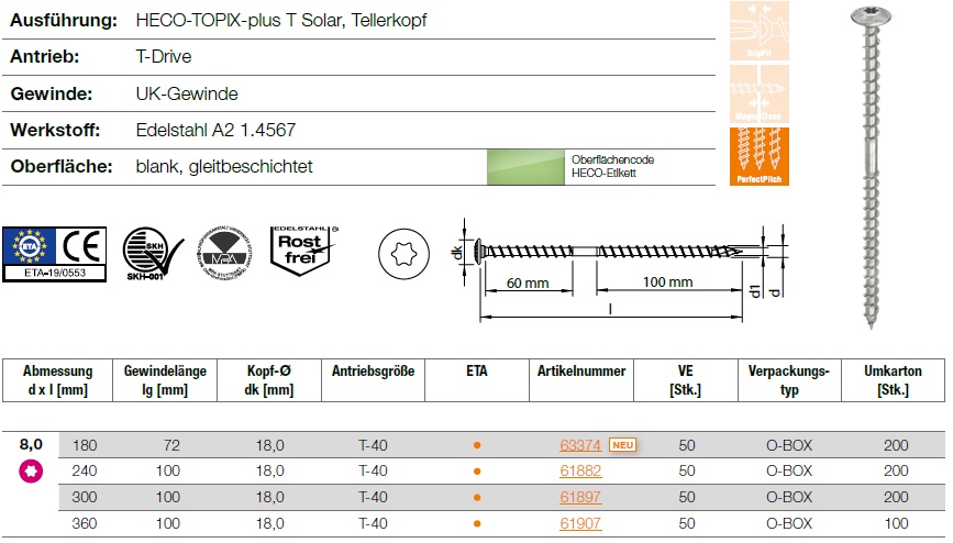HECO-TOPIX-plus T Solar, Tellerkopf, T-Drive, UK-Gewinde, Edelstahl A2 1.4567