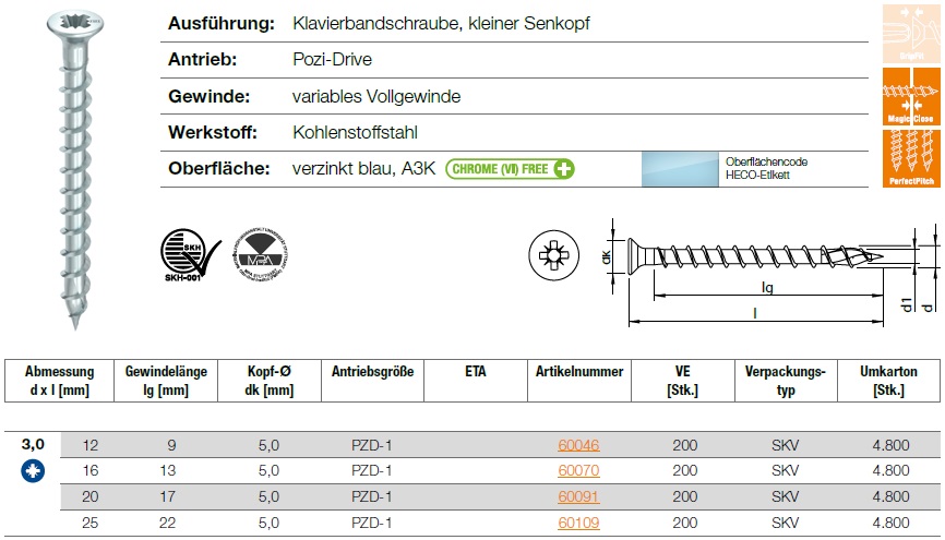 HECO-TOPIX-plus, Klavierbandschraube, kleiner Senkkopf, Pozi-Drive, variables Vollgewinde 