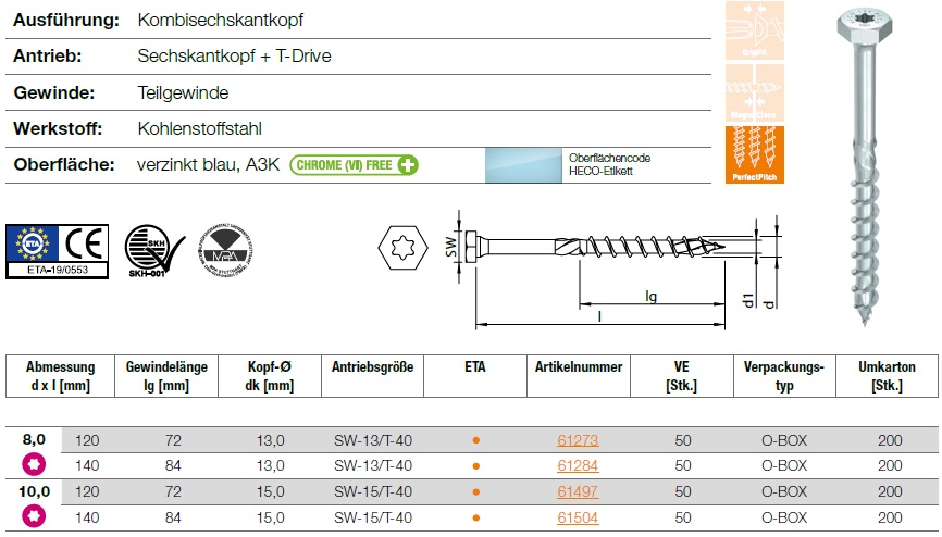 HECO-TOPIX-plus, Kombisechskantkopf, Sechskantkopf + T-Drive, Teilgewinde 