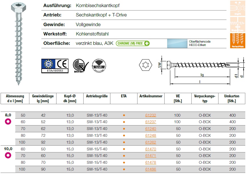 HECO-TOPIX-plus, Kombisechskantkopf, Sechskantkopf + T-Drive, Vollgewinde