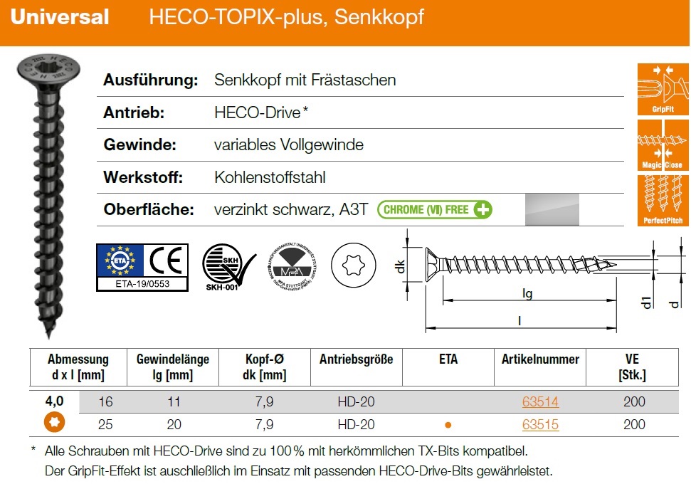 Maße für HECO-TOPIX-plus Senkkopf mit Frästaschen, Vollgewinde, verzinkt schwarz
