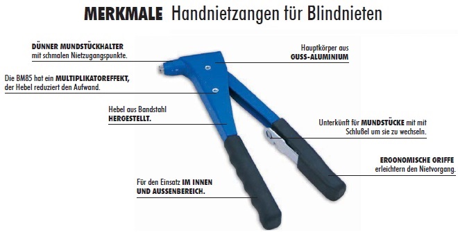 Merkmale der Handnietzangen f&uuml;r Blindnieten
