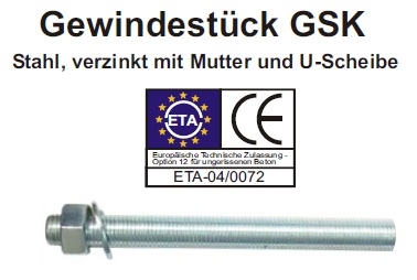 Bohrdurchmesser, Verankerungstiefe und Einschraubtiefe Gewindest&uuml;ck Stahl, verzinkt mit Mutter und U-Scheibe