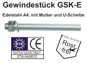 Bohrdurchmesser, Verankerungstiefe und Einschraubtiefe Gewindest&uuml;ck Edelstahl A4, mit Mutter und U-Scheibe