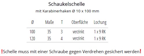 Beschreibung und Bema&szlig;ung Schaukelschellen mit Karabinerhaken, verzinkt