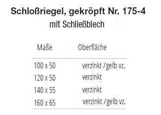 Technische Ma&szlig;e Schlossriegel gekr&ouml;pft