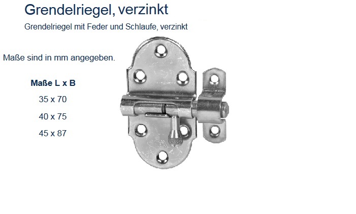 Technische Ma&szlig;e Grendelriegel mit Feder und Schlaufe
