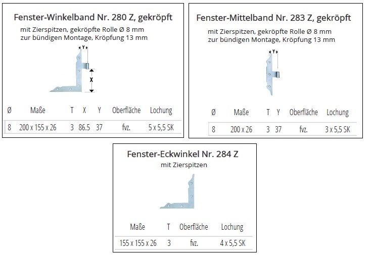Technische Details Fensterwinkelband, -Mittelband und -Eckwinkel mit Zierpitze