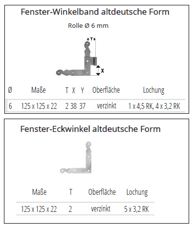 Technische Details zu Altdeutschen Fenster-Winkelb&auml;ndern und -Eckwinkel
