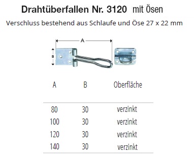 Technische Daten Draht&uuml;berfalle mit &Ouml;se, verzinkt