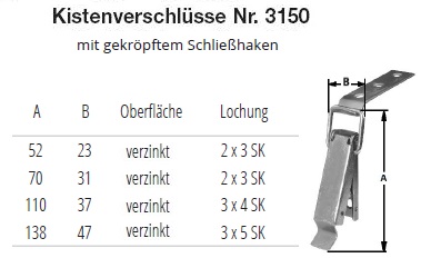 Technische Ma&szlig;e Kistenverschluss mit gekr&ouml;pftem Schlie&szlig;haken verzinkt