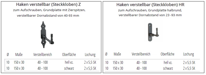 Technische Daten Haken (Steckkloben) verstellbar, schwarz oder verzinkt