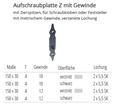 Tecnische Daten Aufschraubplatte mit Zierspitzen