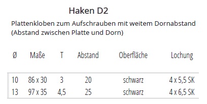 Technische Daten Haken DII schwarz