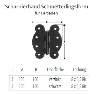 Technische Daten Scharnierband Schmetterlingsform