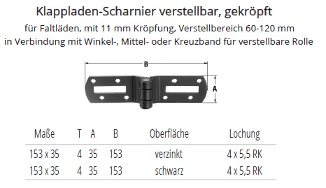 Technische Daten Klappladen-Scharnier verstellbar, gekr&ouml;pft