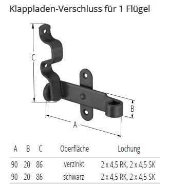 Technische Daten Klappladen-Verschluss f&uuml;r 1 Fl&uuml;gel