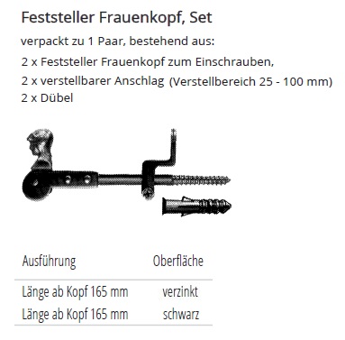 Technische Daten Feststeller Frauenkopf, Set mit verstellbarem Anschlag