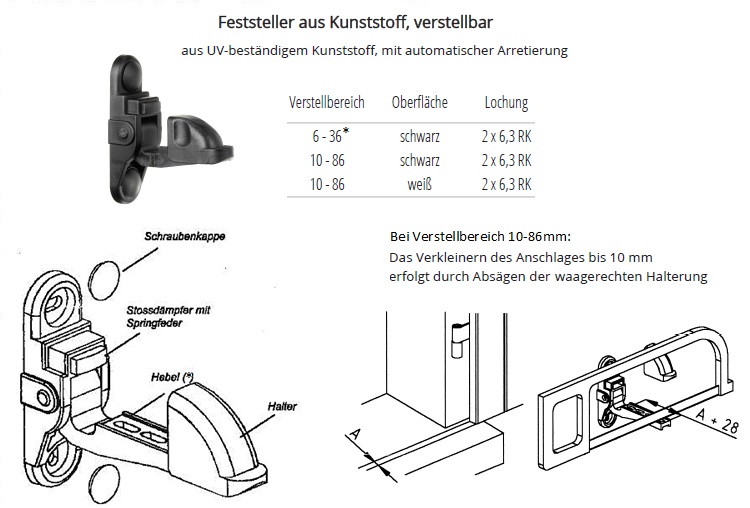 Technische Daten Feststeller aus Kunststoff, verstellbar