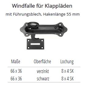 Technische Daten Windfalle mit F&uuml;hrungsblech