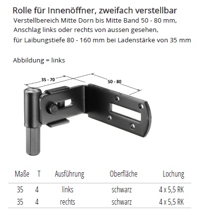 Technische Daten Rolle f&uuml;r Innen&ouml;ffner zweifach verstellbar, schwarz