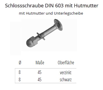 Technische Daten Schlossschraube DIN 603 mit Hutmutter und U-Scheibe