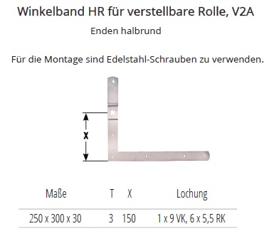 Technische Daten Winkelband f&uuml;r verstellbare Rolle, Edelstahl