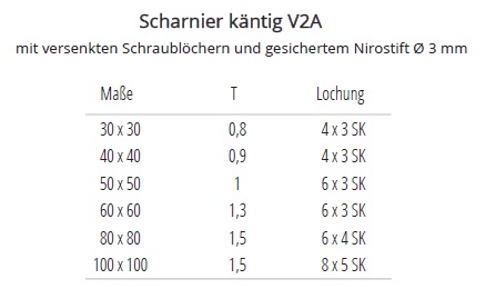 Technische Daten Scharnier, k&auml;ntig, V2A Edelstahl
