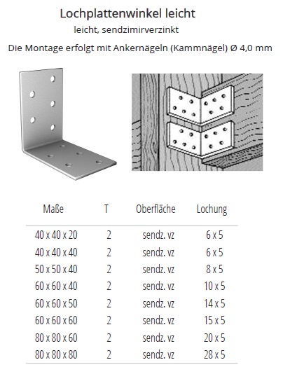 Technische Daten Lochplattenwinkel / Winkelverbinder leicht, verzinkt