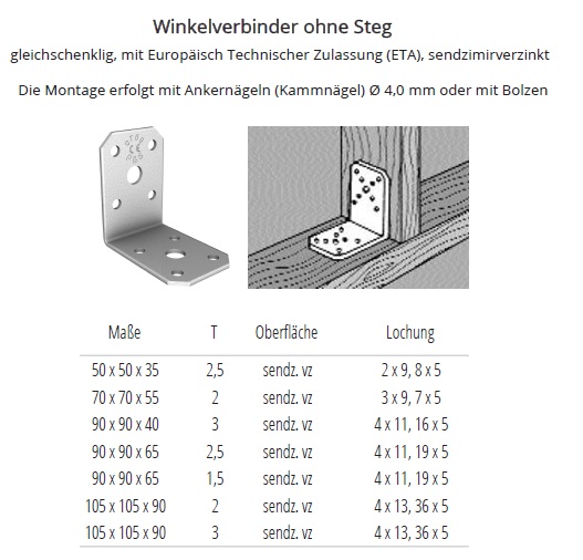 Technische Daten Winkelverbinder verzinkt ohne Steg