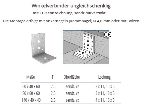 Technische Daten Winkelverbinder ungleichschenklig, verzinkt