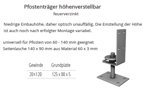 Technische Daten Pfostentr&auml;ger h&ouml;henverstellbar universell f&uuml;r Pfosten 60-140mm, feuerverzinkt