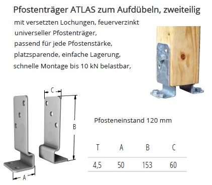Technische Daten Universal-Pfostentr&auml;ger ATLAS zweiteilig, feuerverzinkt
