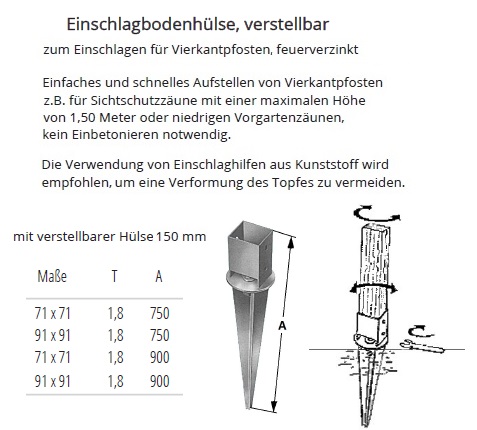 Technische Daten Einschlagbodenh&uuml;lse mit verstellbarem Topf