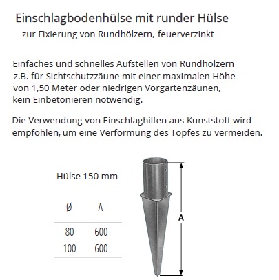 Technische Daten Einschlagbodenh&uuml;lse mit rundem Topf