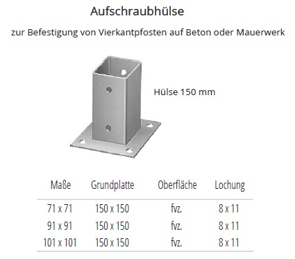 Technische Daten Aufschraubh&uuml;lse feuerverzinkt