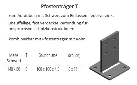Technische Daten Pfostentr&auml;ger T feuerverz. mit Schwert zum Einlassen
