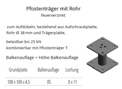 Technische Daten Pfostentr&auml;ger/Pfostenfuss mit Rohr feuerverzinkt