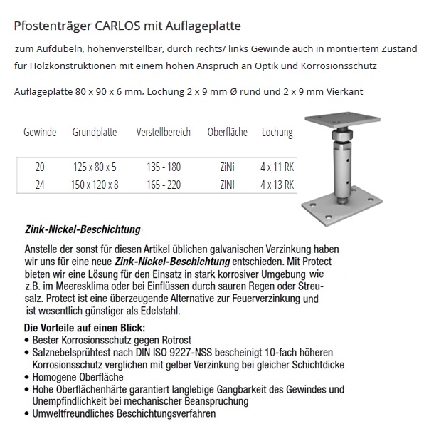 Technische Daten Pfostentr&auml;ger Carlos mit Auflageplatte