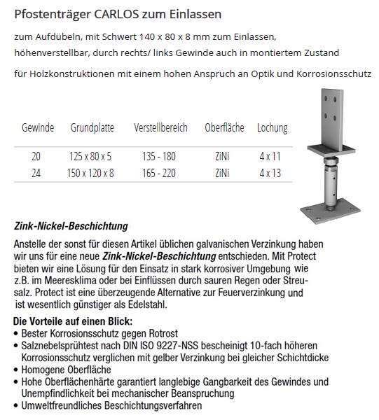 Technische Daten Pfostentr&auml;ger CARLOS mit Schwert