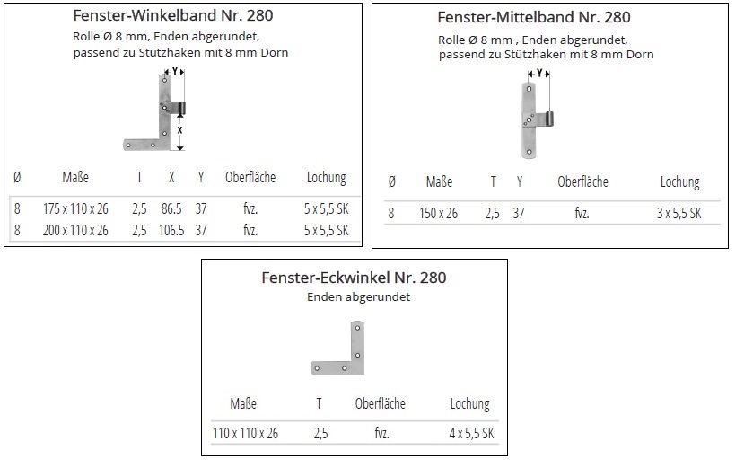 Technische Details Fenster-Winkelband, -Mittelband und -Eckwinkel Nr. 280
