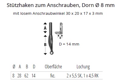 Technische Ma&szlig;e St&uuml;tzhaken zum Anschrauben