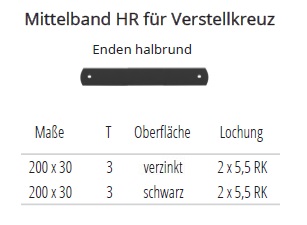 Technische Daten Mittelband HR f&uuml;r Verstellkreuz